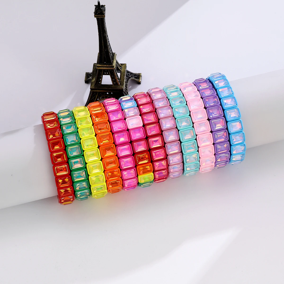 Square Colorful Crystal Enamel Bangle Elastic Geometric Women Rainbow Beaded Bracelets Jewelry Accessories Colored Bracelet