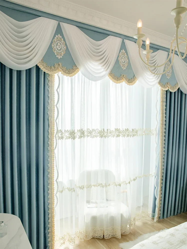 French Curtains Bedroom Living Room Wedding Room New High-precision Fabric Anti-snagging Blue Curtain Head Customization