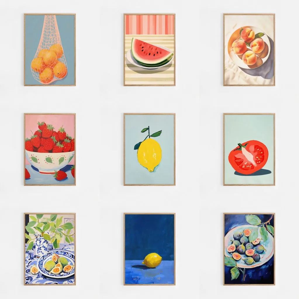 Maximalistischer moderner abstrakter Obst-Wandkunstdruck, orangefarbene Pfirsiche, Erdbeere, Wassermelone, Tomate, Zitrone, Feige, Leinwandposter, Heimdekoration