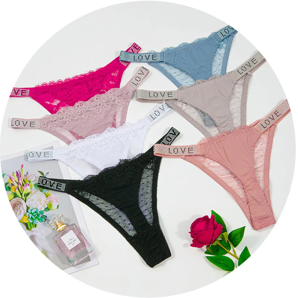 Stylish Women Thong with Low Waisted Design Adorned with Elegant Lace and Glittering Crystals Intimates for Sophisticated Appeal