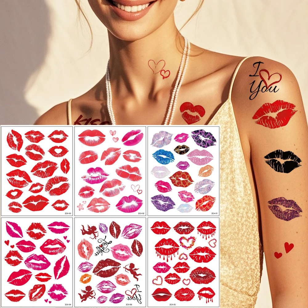 

6pcs Lips Pattern Tattoo Stickers for Women Men Waterproof Red Lips Rose Temporary Tattoos Valentine's Day Wedding Body Art