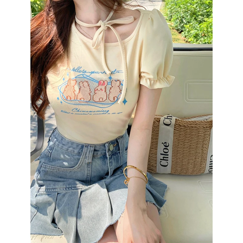 Beige T-Shirt for Sweet Girl Print Top Women O-Neck Bowknot Puff Sleeve Slim Short Cotton TShirt Kawaii Clothes Summer y2k Tops