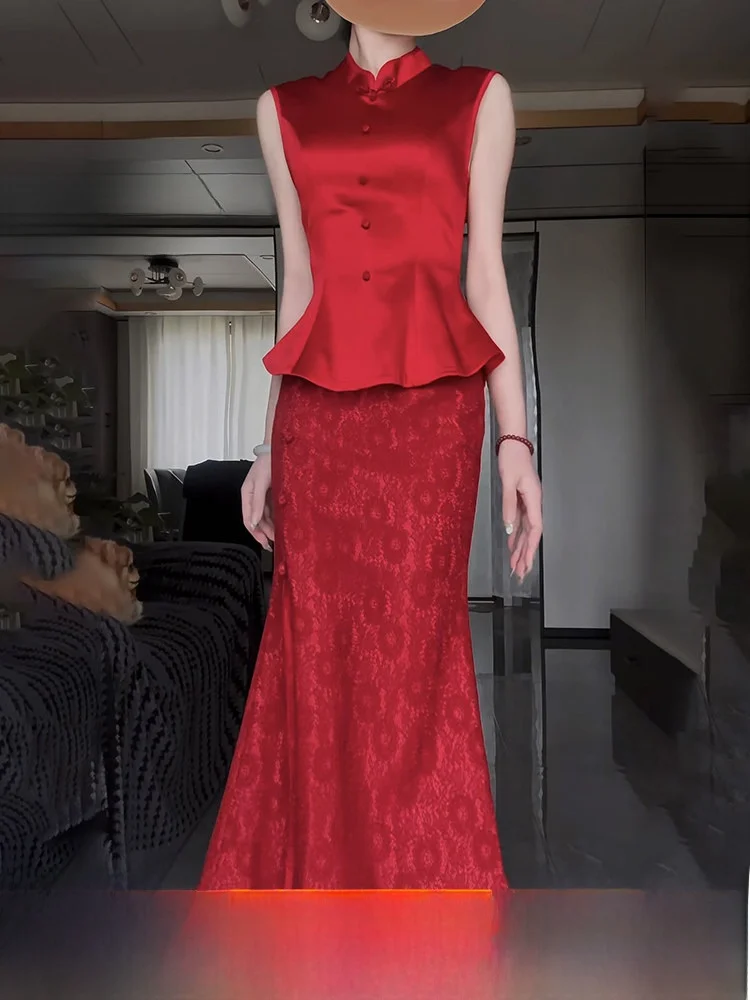 

Red Wedding Dress Chinese Style Morning Robe Women's New Bride Engagement Retro Fish Tail Qipao Costume Banquet Ceremony