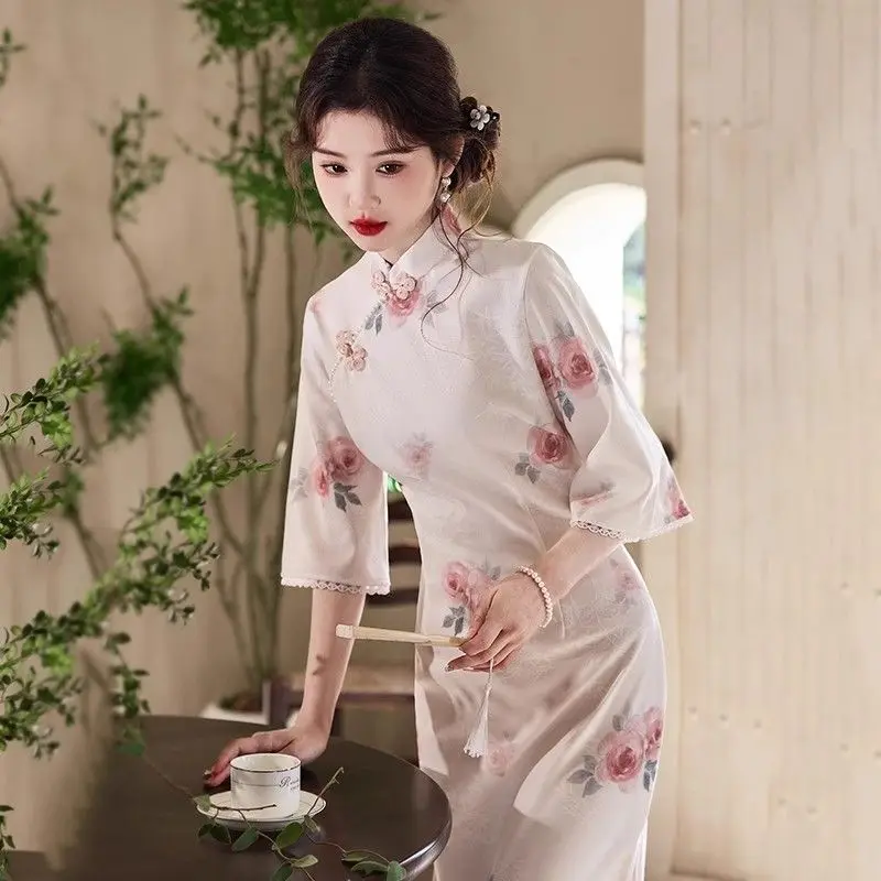 

New Chinese Style Young Style Floral Printed Long Cheongsam Beautiful Improved 2025 Summer Daily Women's Qipao Dress