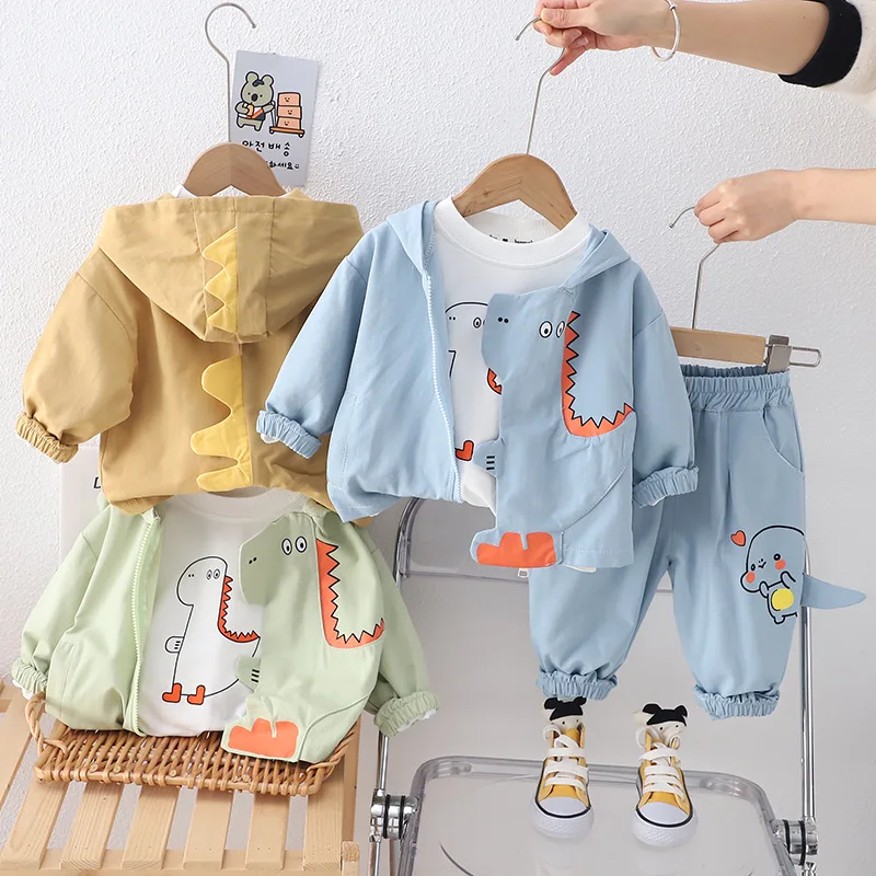 Kids Baby Boy Boutique Clothes 2024 Spring Cartoon Dinosaur Hooded Jackets + T-shirts + Pants Toddler Boys Outfits Childrens Set