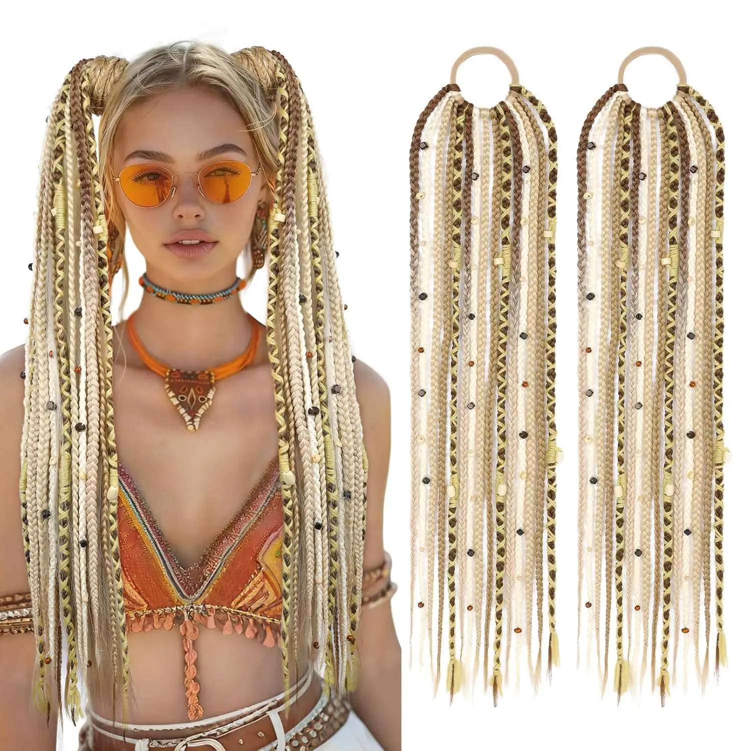 2PCS/Pack Boho Braided Ponytail Extension with Hair Tie, 24