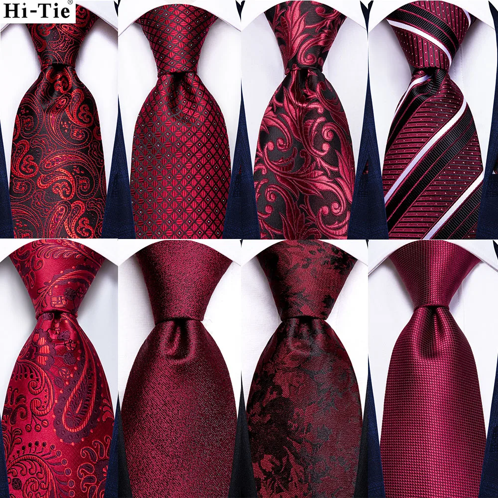 Hi-Tie Red Burgundy Paisley Solid Striped Silk Wedding Tie For Men Business Party Dropshipping Mens Necktie Hanky Cufflinks Set