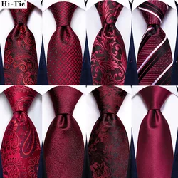 Hi-tie-デザイナーのストライプのシルクカラーのウェディングネクタイ,男性用,ハンドバッグ,バーガンディカラー,お祝いのファッション,直送