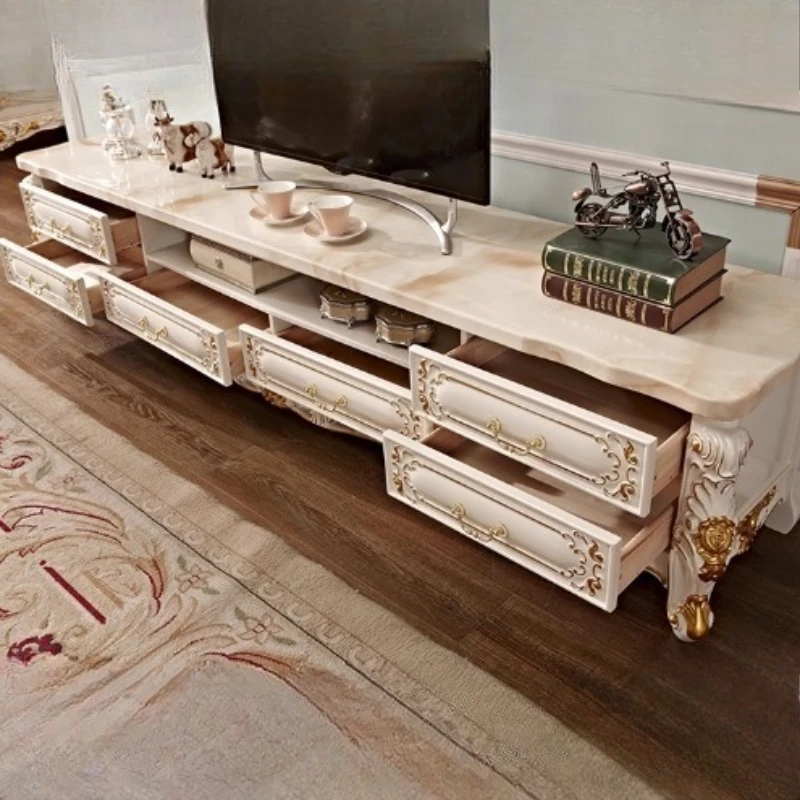 modern white wooden television cabinet storage house mueble para tv furniture European marble house low TV stand Living room