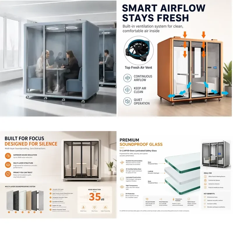 Movable Four Person Soundproof Conference Cabin Office Phone Booth Prefabricated Studio Box with Advanced Ventilation System