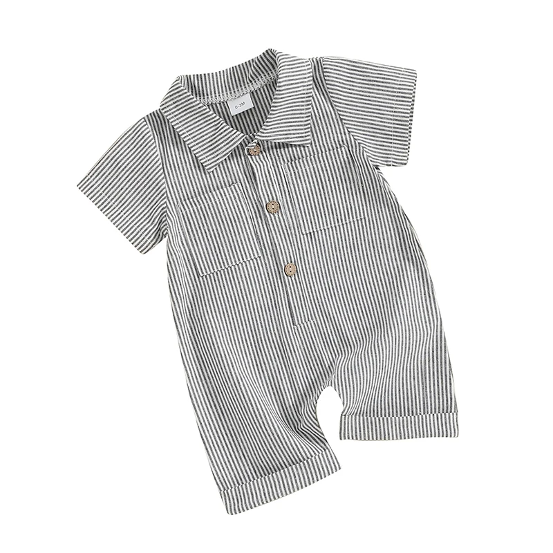 Newborn Summer Baby Boy Clothes Infant Jumpsuit 3 6 12 18 Months Stripe Lapel Short Sleeve Button Down Romper