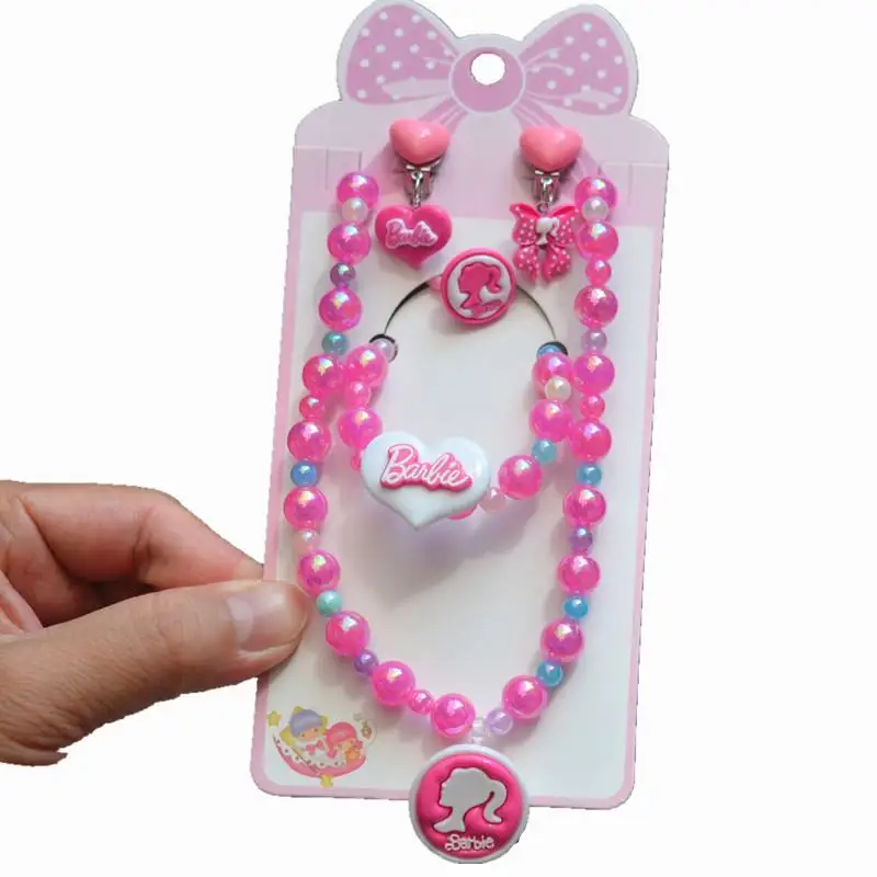 Kawaii Barbie Children Girl Love Princess Necklace Bracelet Barbie Ear Clip Earring Set Sweet Anime Cute Kid Jewelry Accessories