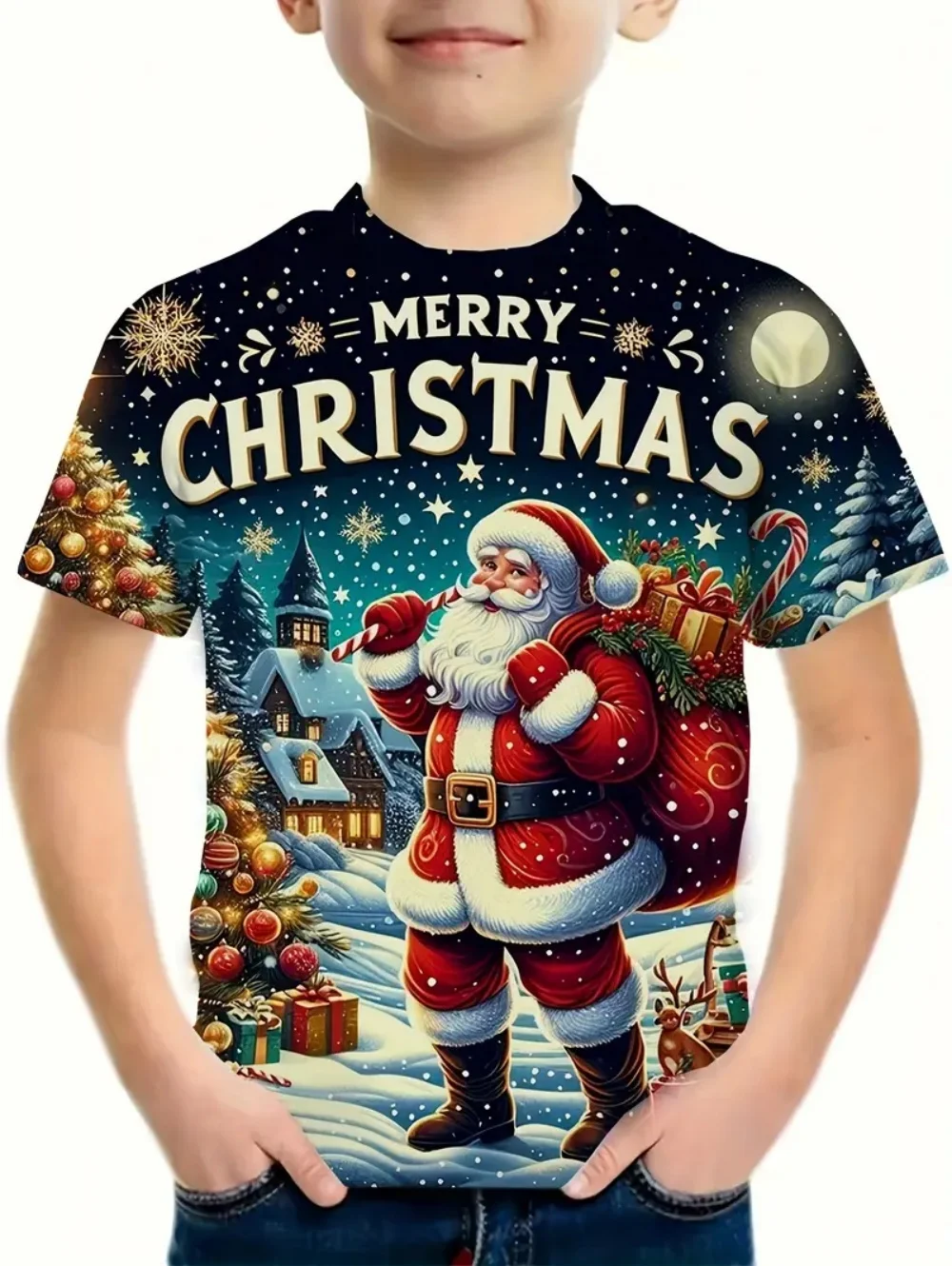 Roupas infantis papai noel impressão 3d camisetas para meninos manga curta criança camiseta natal casual meninas roupas de verão topos
