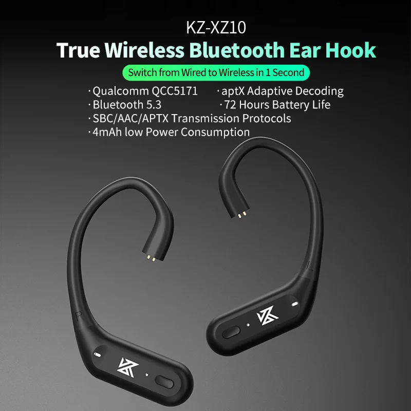 KZ-XZ10 하이브리드 드라이버 Kz xz10 이어후크 이어폰 - 블루투스 5.3 및 유선 콤보 aptX 지원 ZS10 Pro, ZSN Pro, D-FI용