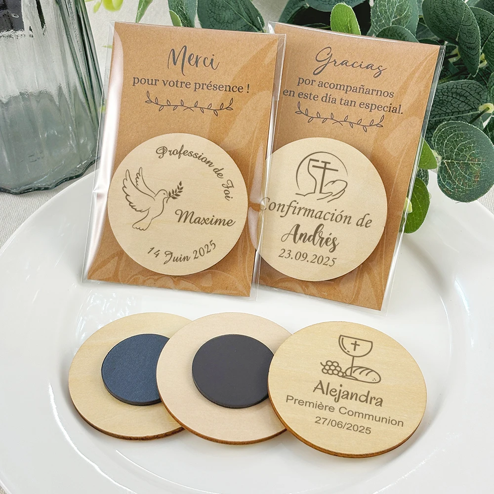 Custom Magnets Communion Favor Gift for Guest Personalized Wooden Fridge Magnet with Thank You Card First Communion Party Favors