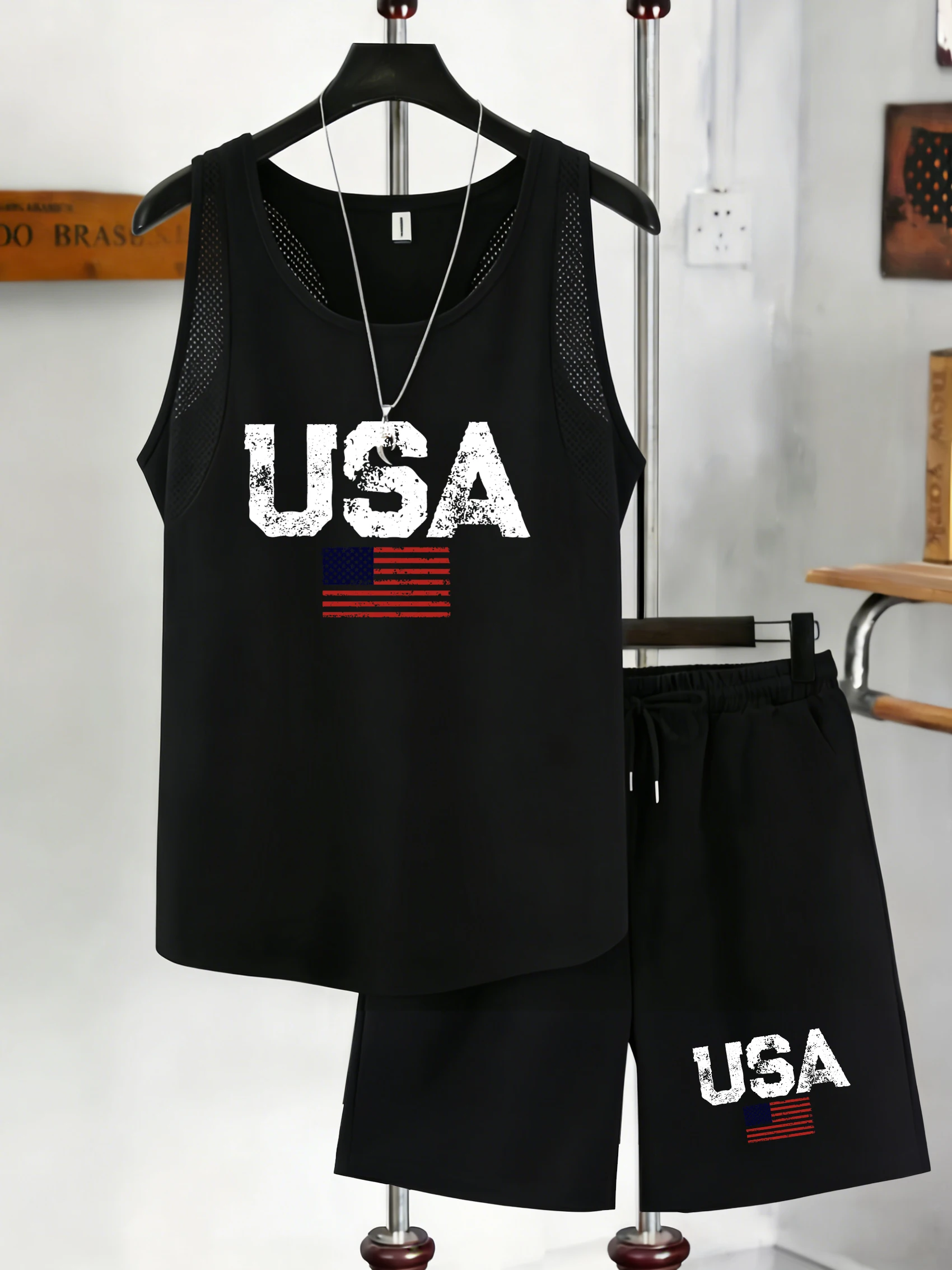 

Usa Letter American Flag Print Men Reticular Vest Set Basics Shorts Summer Singlet Stree Mesh Sports Tops O-Neck Sleeveless Tee
