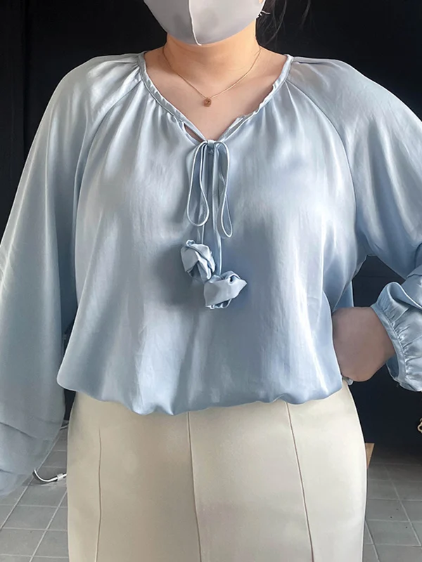 

Женская блузка больших размеров, уникальная, красивая, в корейском стиле, весенняя, базовая, прямого кроя, с длинным рукавом, V-образный вырез