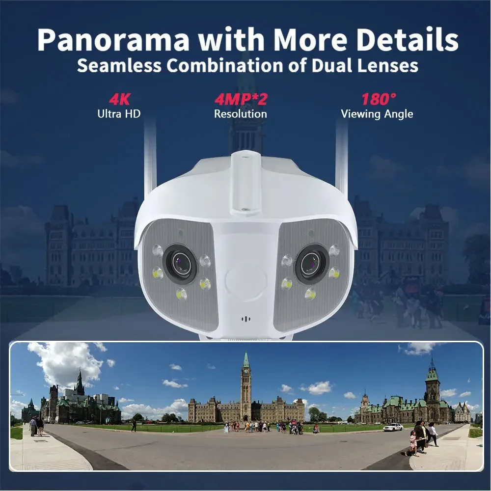 New Outdoor 4K 8MP 180° Ultra Wide View Angle Panoramic WIFI Dual Lens Fixed IP Camera AI Human Detection Security Camera