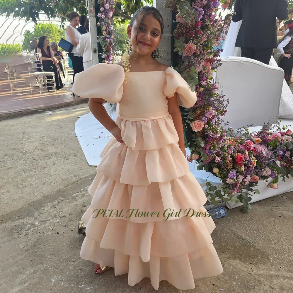 

Petal Puff Sleeve Girls Party Dress Layers Princess Gown A Line Fluffy Ball Gown for Kids Lace Up Back Girls Customized