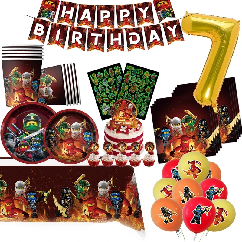 Decoración de cumpleaños Ninja para niños, suministros de fiesta de películas de dibujos animados, vajilla desechable, pegatinas, placa, globos, nuevo