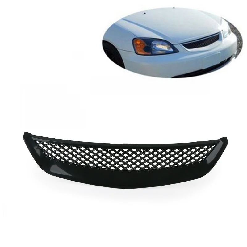 

ABIB -Car Gloss Black Mesh ABS Front Hood Grille Grill For Honda Civic JDM Type R 2001-2003