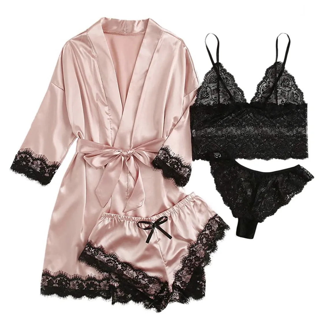 

Black See Through Lace Patchwork Pajama Set Women Sexy Hot Girl Four Piece Set Pajamas Home Clothing Home Clothing Female New