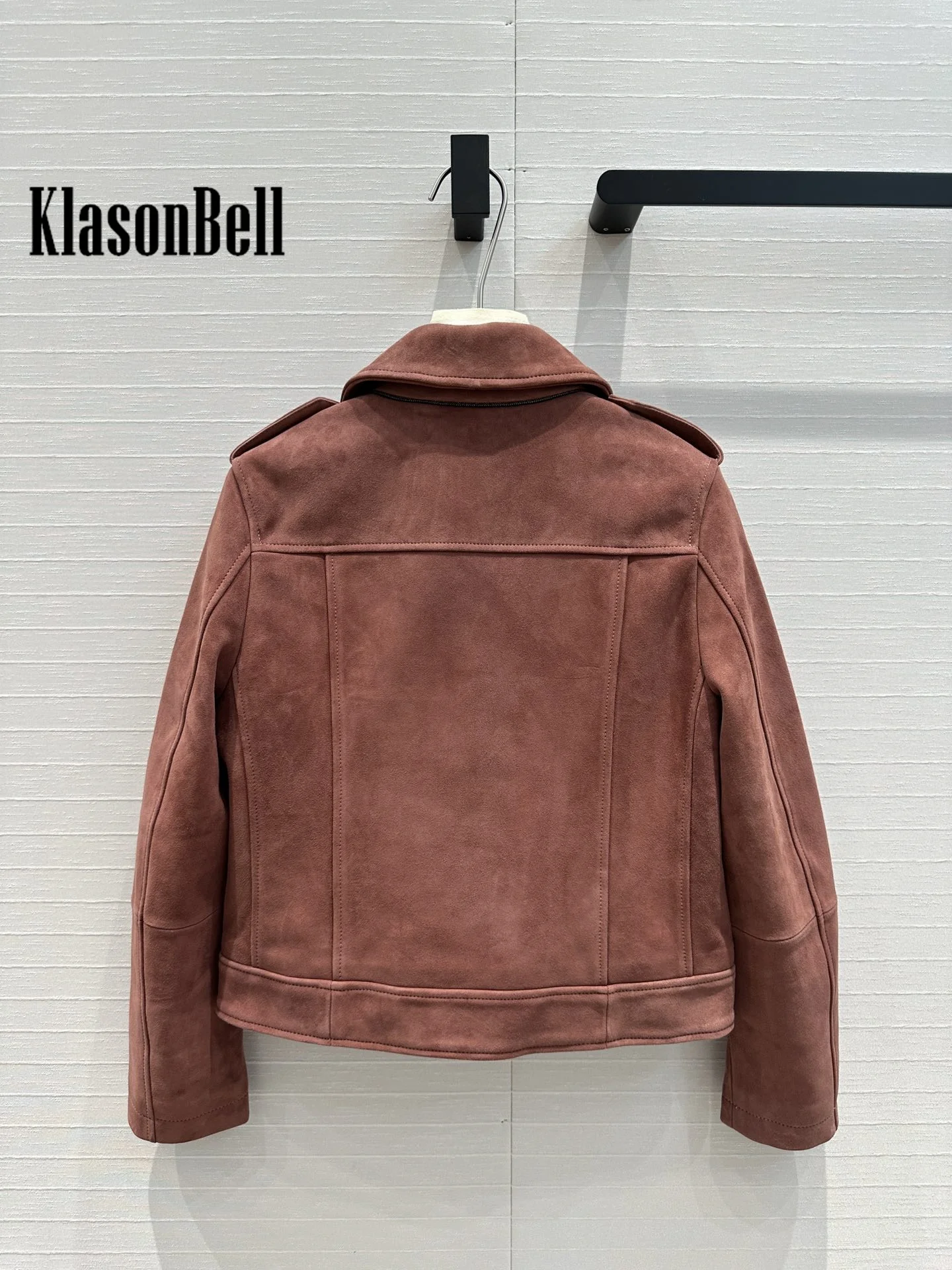 8.9 KlasonBell Luxury KId Suede Moto Biker Jacket For Women Beading Chain Lapel Collar Zipper Short Genuine Leather Coat