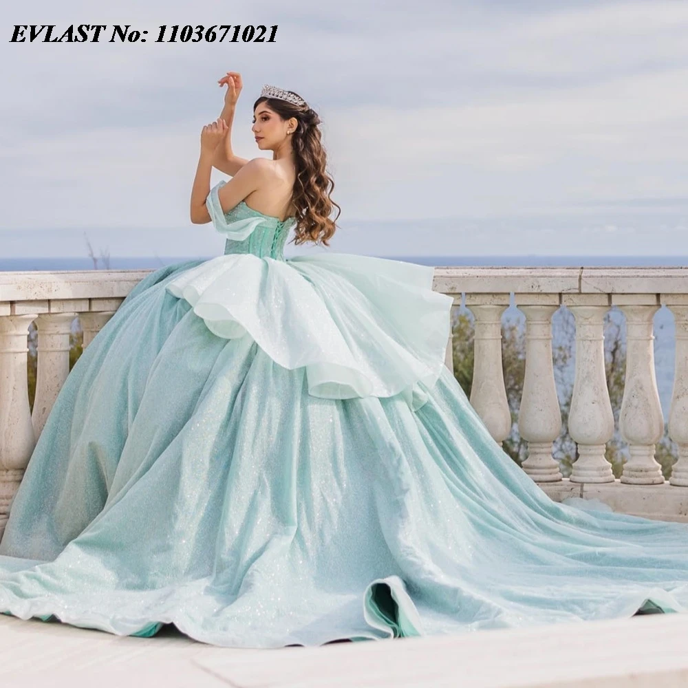 Evolt personalizado céu azul quinnceanera vestido de baile brilhante applique frisado em camadas espartilho doce 16 vestidos de 15 anos sq463