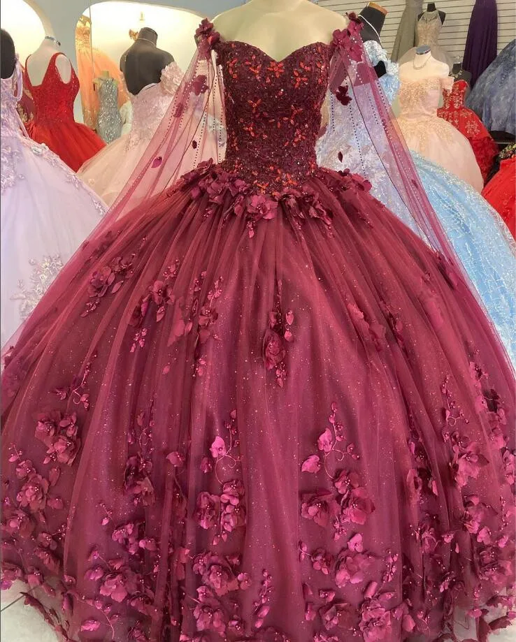 Burgundy Floral Princess Quinceanera Dress with Cape 3D Applique Beaded Corset Lace-up vestidos de 15 quinceañera Prom