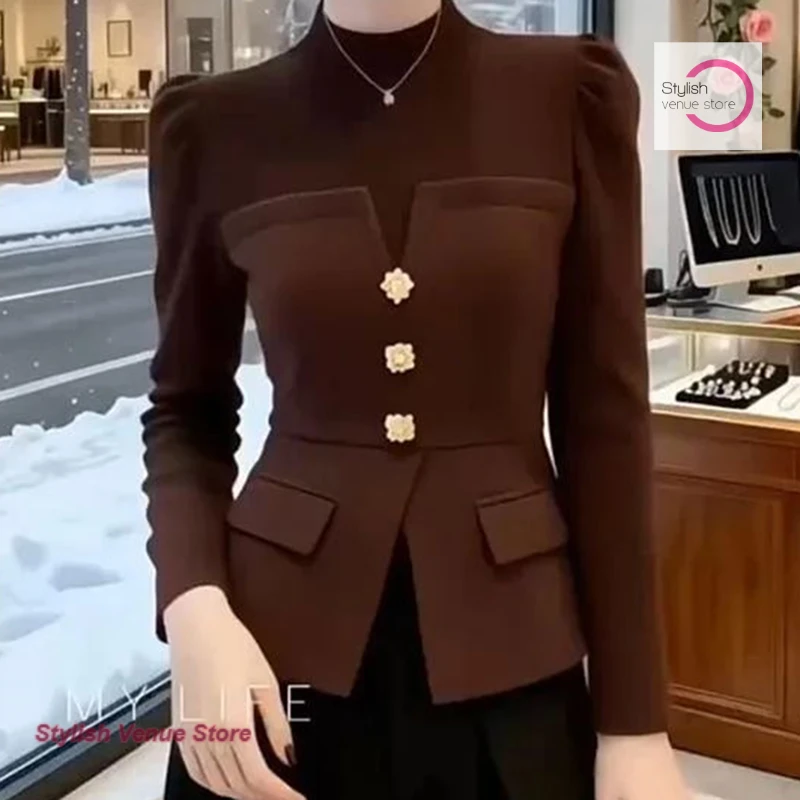 

Korean-style new thick double-sided velvet spell receiving waist slim and slim semi-high collar short bottoming casual T-shirt