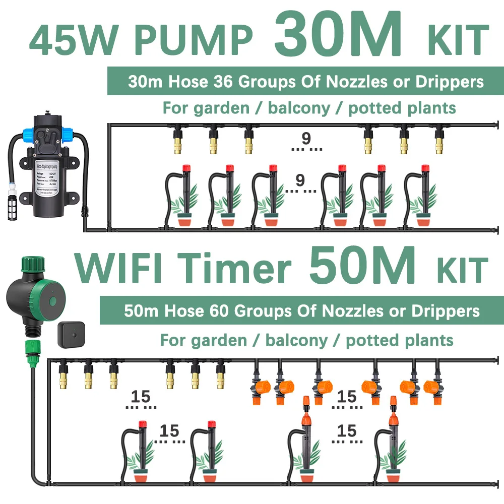 10-50M DIY Drip Irrigation System Automatic Watering Smart WIFI/LCD Digital Timer High Pressure Water Pump Mist Nozzle Sprinkler