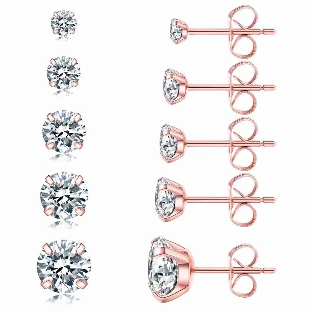 1 Pair Rose Gold Color Earrings Hypoallergenic 316L Stainless Steel White Cubic Zirconia CZ Stud Earrings Piercing Jewelry