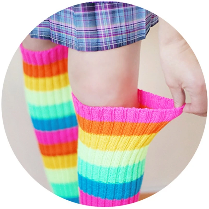 Women 80s Retro Party Ribbed Knit Leg Warmers Rainbow Multicolor Striped Foot Cover Sleeve Ballet Dance Sport Drop Shipping