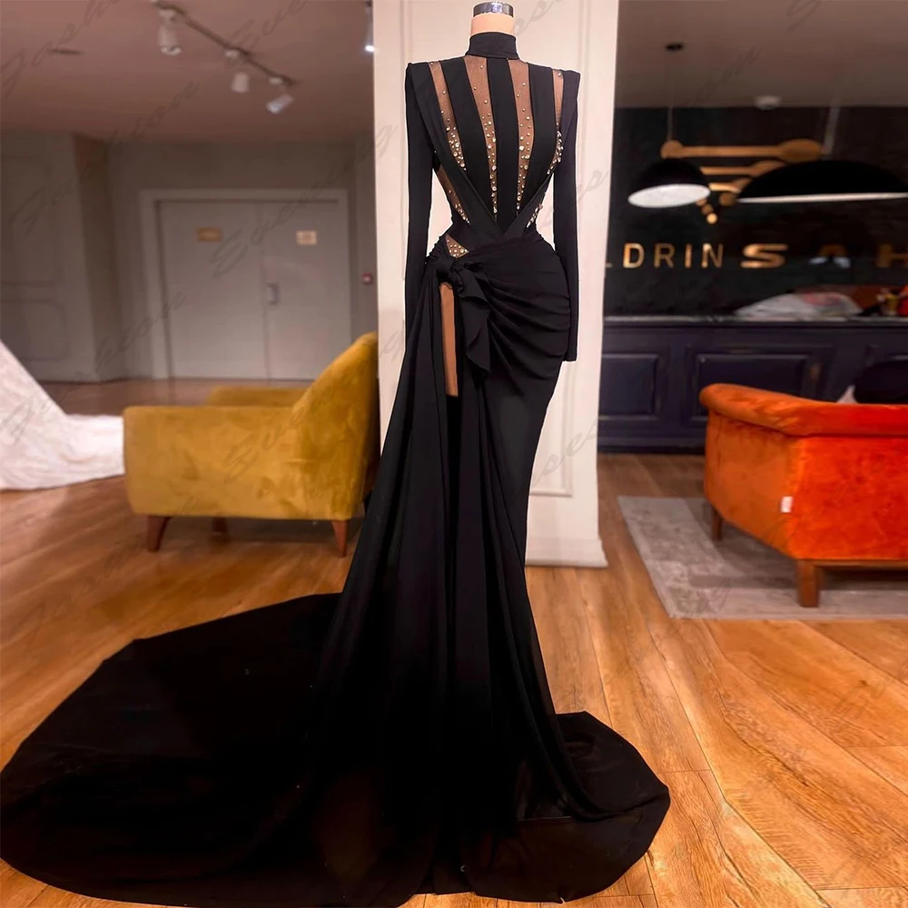 

Beautiful Sparkling Beading Party Evening Dresses Fascinating Sexy Mermaid Long Sleeved High Slit Simple Mopping New Prom Gowns