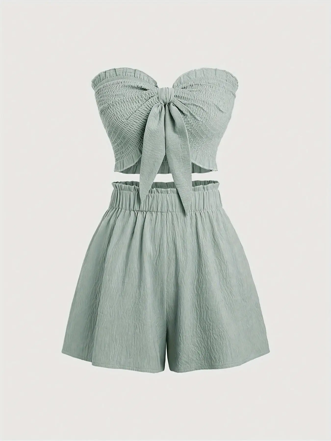 Simple, Beachy Style, Romantic Seaside. Date Outfit Featuring a Top with Gathered Details and Shorts, a Two-Piece Set for Women.