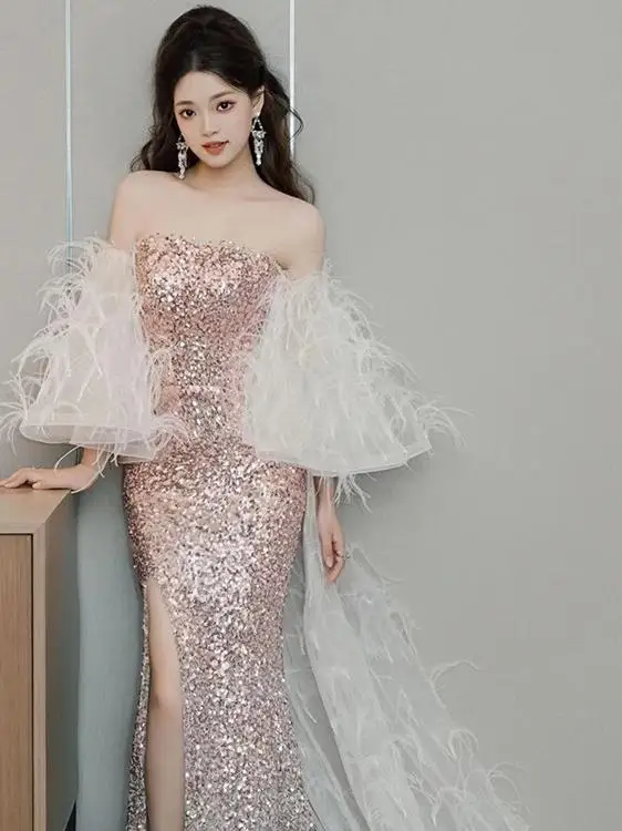 

Sexy Sequin Evening Dr mid Waist Gown for Wedding Par Banquet Birthday Celebration Host Bride to Be Cotail Dr