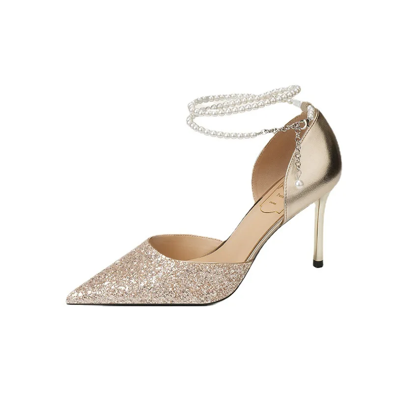 

fashion sexy Summer Women Pumps Sequined Cloth 6CM Thin High Heels Pointed Toe Buckle Strap Shallow Party Wedding Shoes