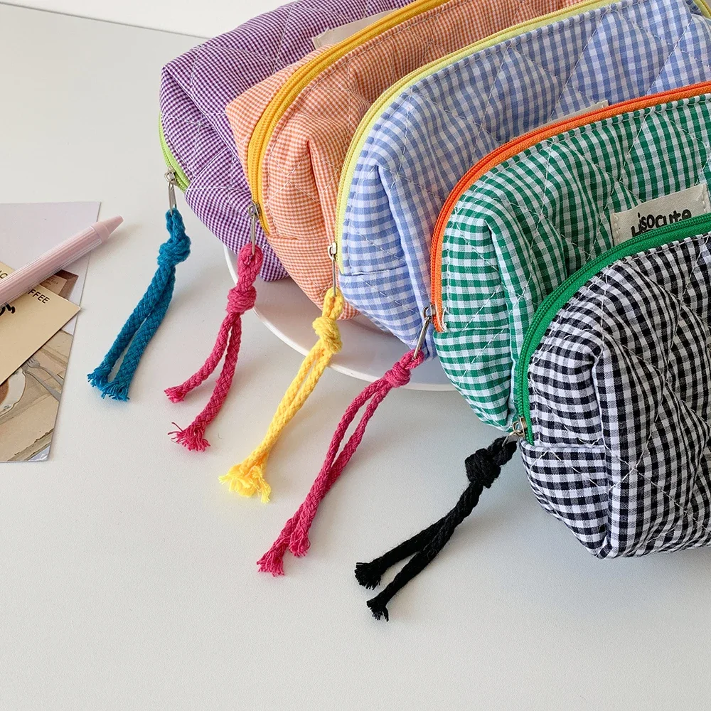 INS Style Large Capacity Plaid Cloth Pencil Case Korean Style Cloth Makeup Bag Simple Style Student Stationery Storage Bag