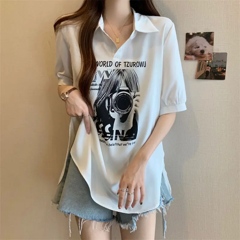 Fashion Lapel Printed Slit Asymmetrical T-Shirt Female Clothing 2024 Summer New Loose Casual Tops Korean Irregular Tee Shirt