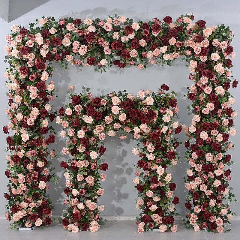Pink arches floral arrangement, wedding decoration in the exhibition hall