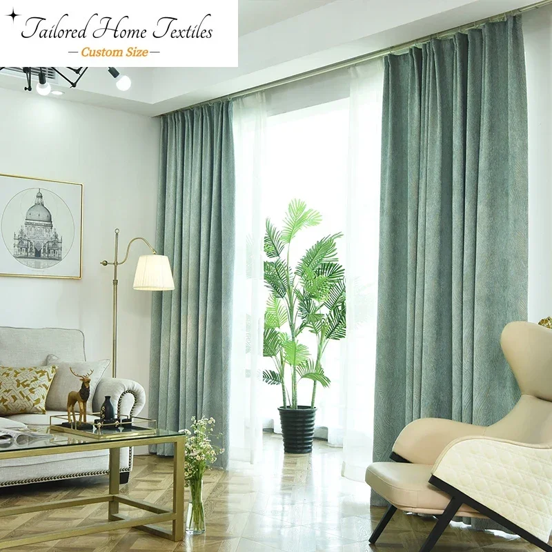 

Chenille Luxury Curtains for Living Room Bedroom Thick Blue Leaf Pastoral Blackout Floor-to-ceiling Window Textured Customized