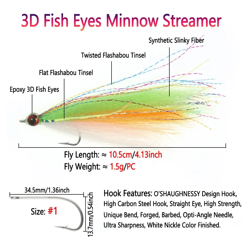 Bimoo #1 2/4pcs 4.13inch 3D Fish Eyes Minnow Streamer Synthetic Fiber Baitfish Fly Trout Bass Salmon Steelhead Fishing Lures