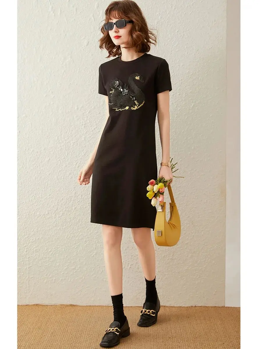 LOUIS YAO Women T-shirt Dress 3D Embroidery Swan Casual Straight Loose Fit Round Neck Short Sleeve Mid Length Dress