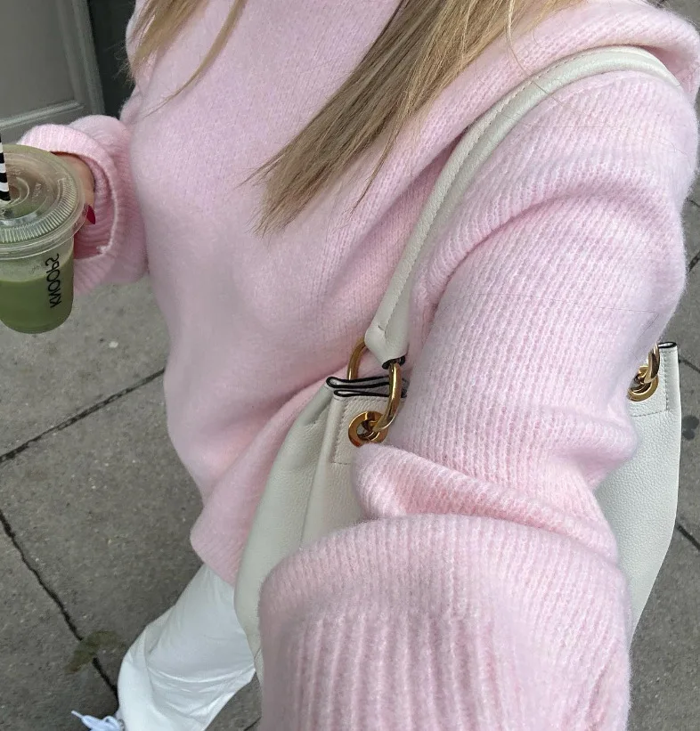 Sweet Pink Knitted Sweater For Women Fashion Oversized Solid O Neck Long Sleeve Pullover Sweaters Female High Street Jumpers