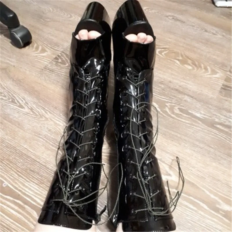 Black paint 20 cm high pole dancing shoes, banquet stage show boots, fish mouth zipper, ankle boots