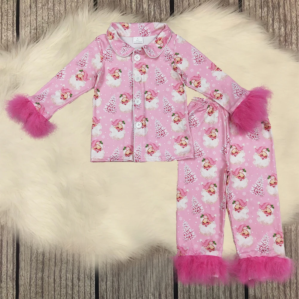 

Baby Girl Christmas Pajamas Girls Set Fur Long Sleeves Santa Shirt Tree Pants Sleepwear Children Toddler Pink Outfit Wholesale