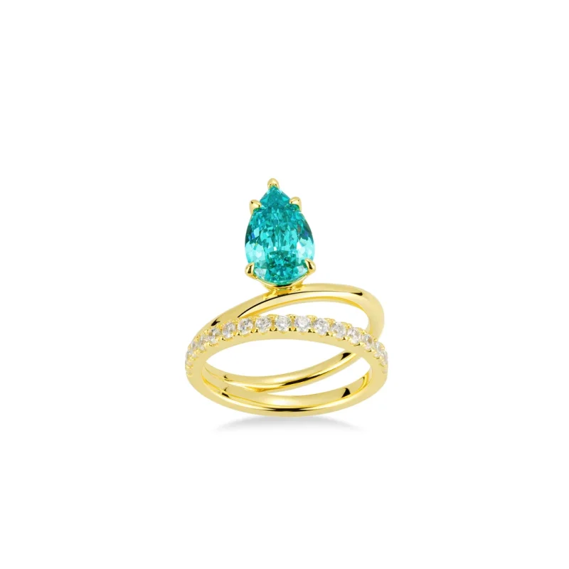 

BELLUX 925 Silver Gold Plated Synthetic Zircon Green Gem Pear Shaped Double Layer Paraiba Ring