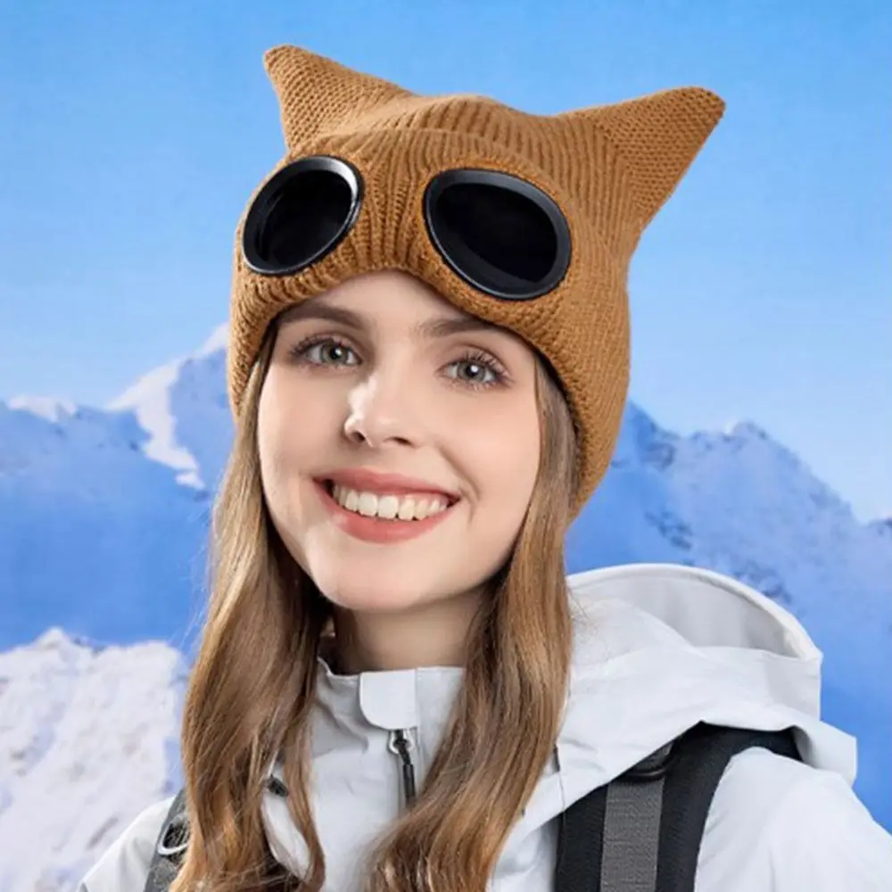 Removable Glasses Winter Glasses Caps Wear-resistant Windproof Warm Ski Mask Hats Cat Ears Thickened Head Knitted Hat Skiing