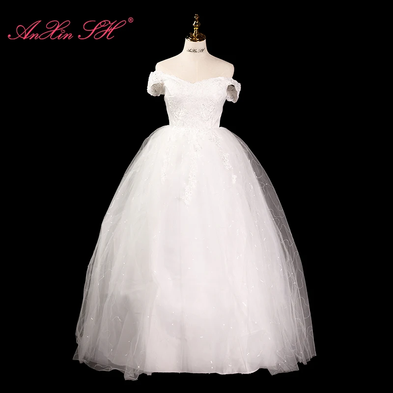 AnXin SH princess white flower sparkly lace boat neck lace up vintage party ball gown ruffles simple bride wedding dress