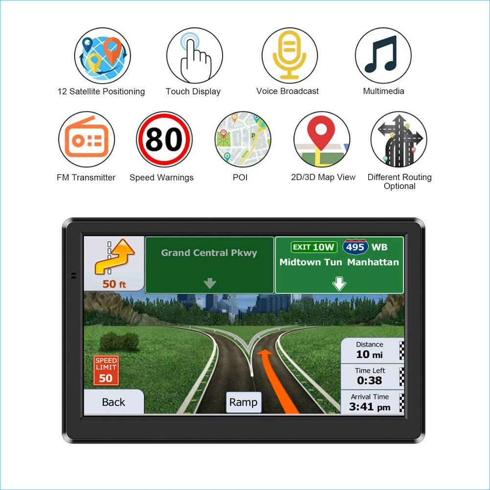 Navegador GPS portátil de 7 pulgadas para vehículo, transmisor FM, HD, TFT, pantalla táctil, navegación automática por satélite, mapa de la UE, AU, EE. UU., 256MB + 8G